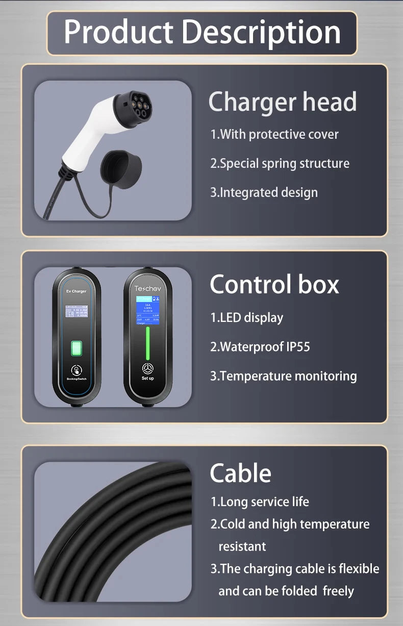 Teschev Portable Electrical Car Charger Type 1 SAE J1772 Type 2 IEC 62196 GBT Charger 16A 1 Phase 3.5kW Wallbox Charging Station