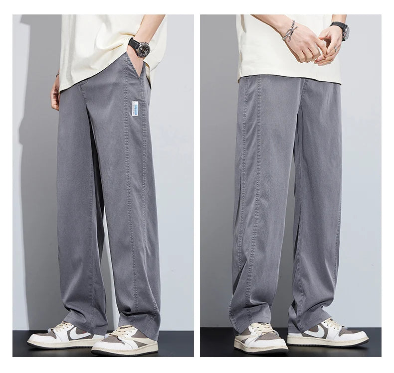 High Quality Summer Ultrathin Soft Lyocell Fabric Men's Casual Pants Elastic Waist Breathe Loose Straight Trousers Plus Size 5XL