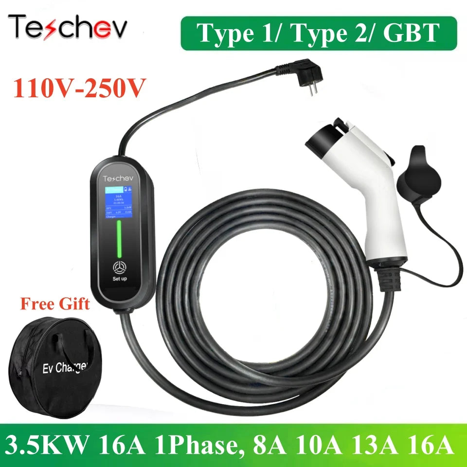 Teschev Portable Electrical Car Charger Type 1 SAE J1772 Type 2 IEC 62196 GBT Charger 16A 1 Phase 3.5kW Wallbox Charging Station
