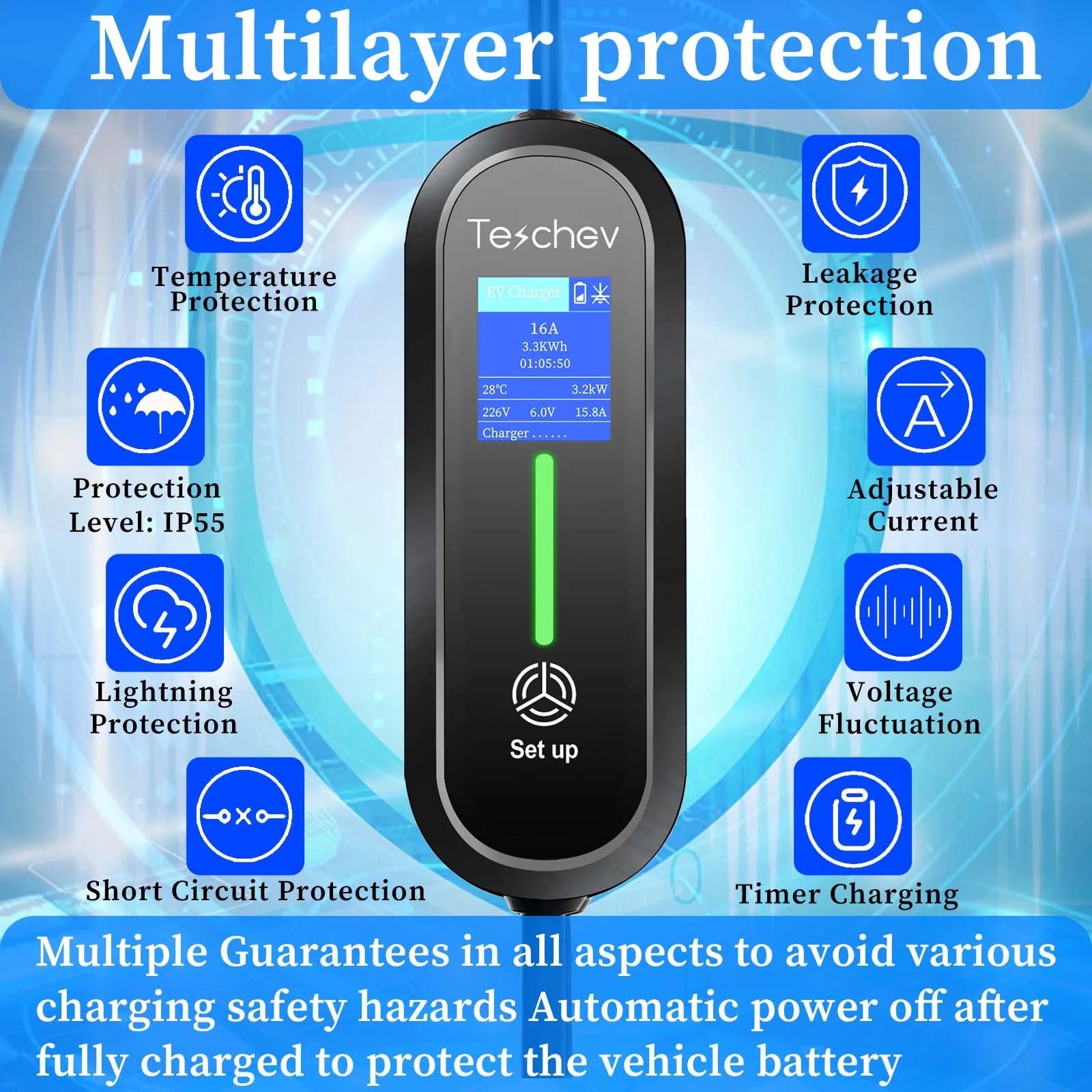 Teschev Portable Electrical Car Charger Type 1 SAE J1772 Type 2 IEC 62196 GBT Charger 16A 1 Phase 3.5kW Wallbox Charging Station