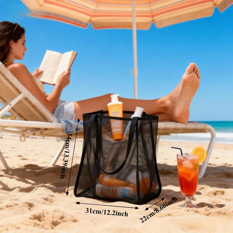 Large Mesh Beach Bag High Capacity Durable Polyester Strong Shoulder Straps Black Khaki Ideal Travel Beach Shopping Vacation