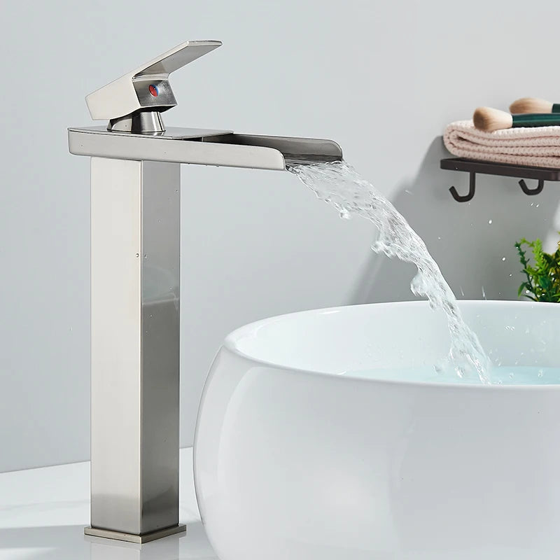 Waterfall Black Higher Basin Wash Basin Bathroom Cabinet Faucet Bathroom Nordic Black Paint Single Hole Faucet