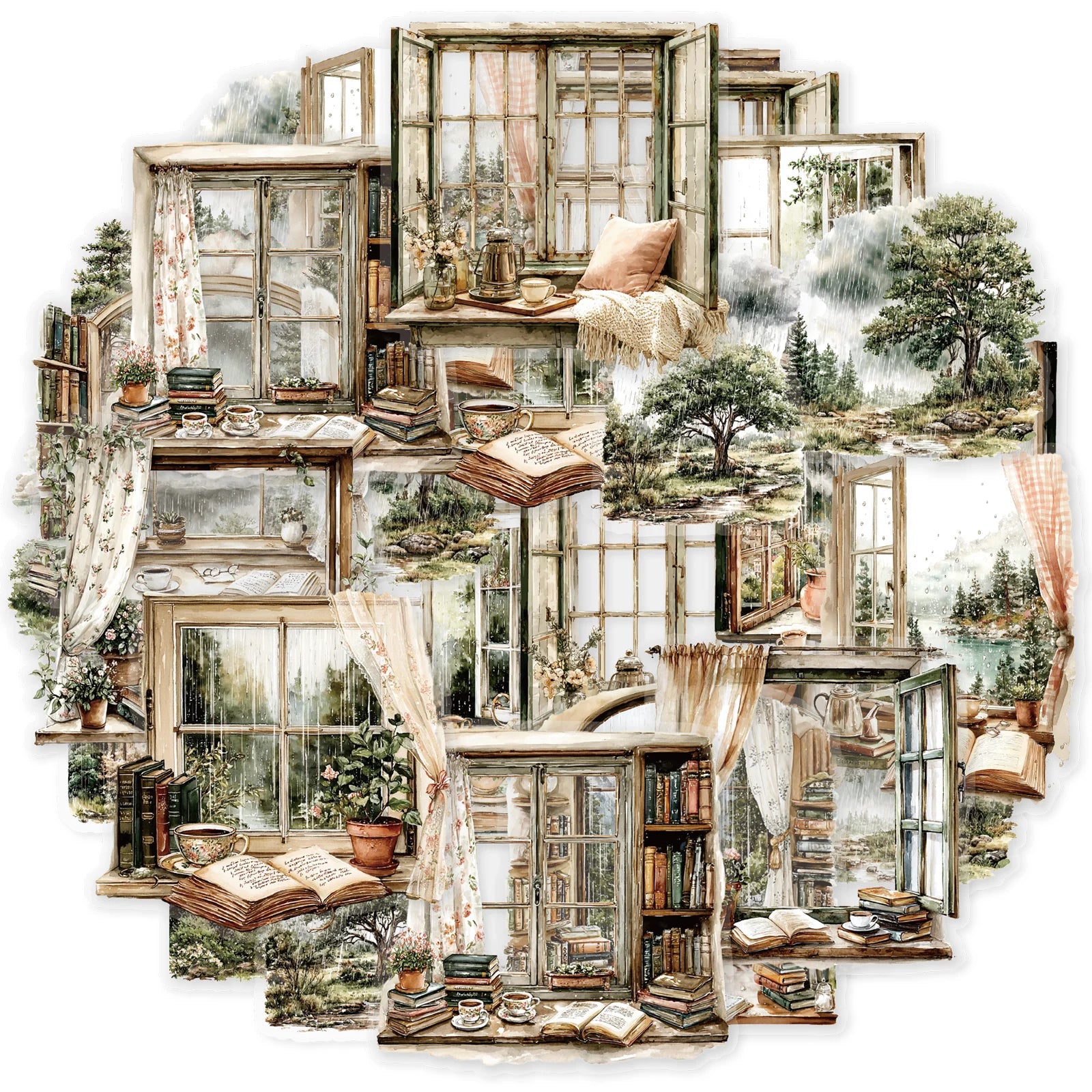 Etori Life Rain Forest Window Scenery Outdoor Mountain Stream Clouds Vintage Pattern Sticker Pack DIY Scrapbook Supplies, Photo Album, Children's Gift Paper Bag, Vintage Party, Student Stationery, Toy Stickers, Die-Cut Craft