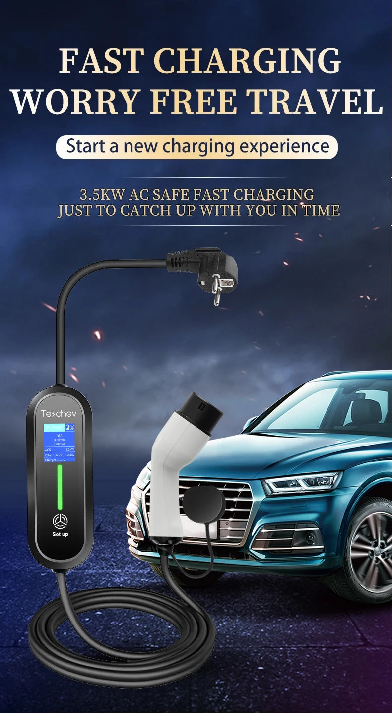 Teschev Portable Electrical Car Charger Type 1 SAE J1772 Type 2 IEC 62196 GBT Charger 16A 1 Phase 3.5kW Wallbox Charging Station