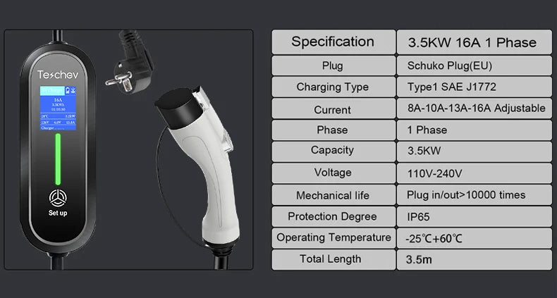 Teschev Portable Electrical Car Charger Type 1 SAE J1772 Type 2 IEC 62196 GBT Charger 16A 1 Phase 3.5kW Wallbox Charging Station