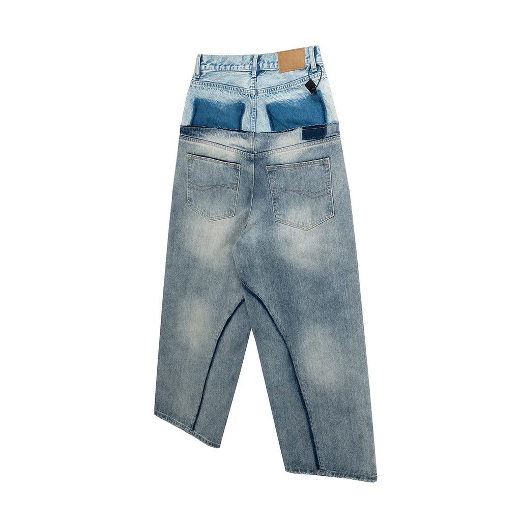 CUT-UP Double-layer Double Waist Patchwork Baggy Jeans for Men and Women Straight Casual Loose Denim Trousers Oversized