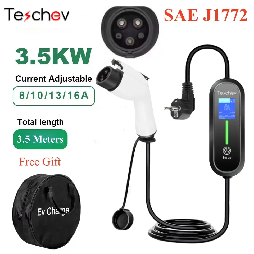 Teschev Portable Electrical Car Charger Type 1 SAE J1772 Type 2 IEC 62196 GBT Charger 16A 1 Phase 3.5kW Wallbox Charging Station
