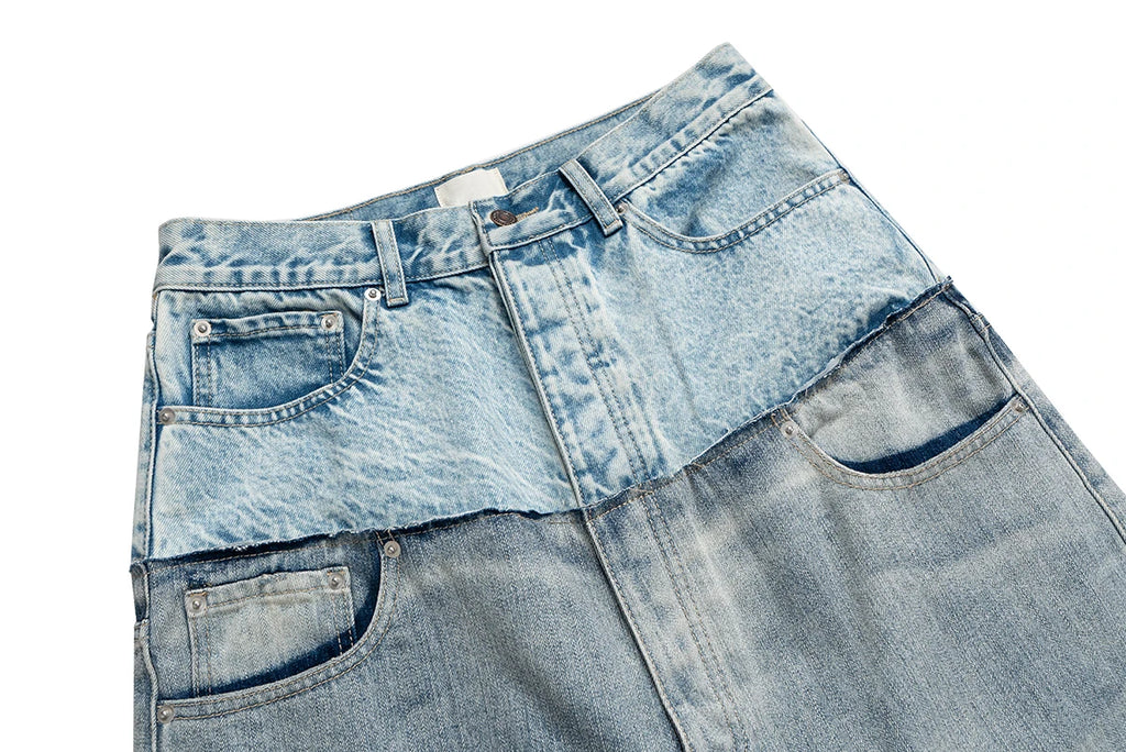 CUT-UP Double-layer Double Waist Patchwork Baggy Jeans for Men and Women Straight Casual Loose Denim Trousers Oversized