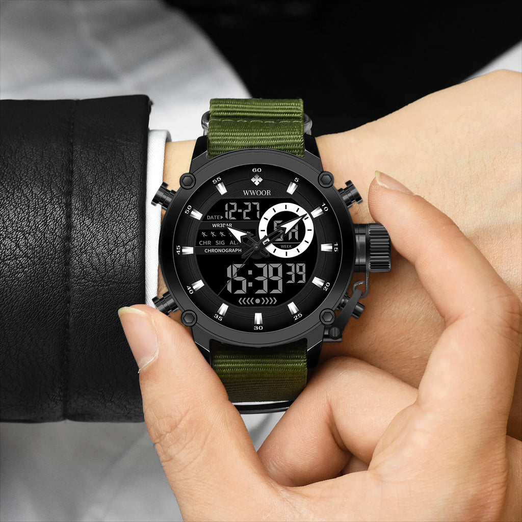 WWOOR New Fashion Military Sports Men's Nylon Watches Digital Quartz Wristwatch Waterproof Dual Display Clock Relogio Masculino