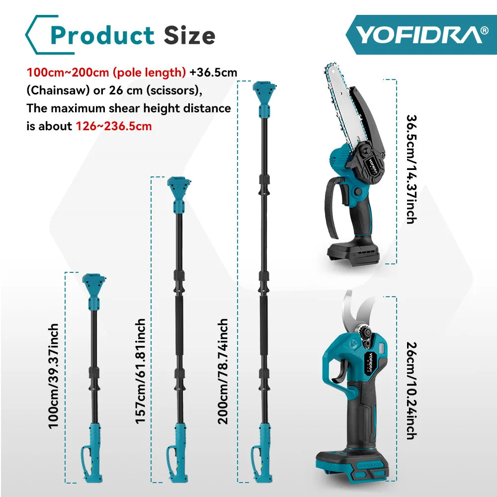 YOFIDRA Brushless Telescoping Pole Electric Chainsaw Scalable Pruner Shear Scissors Garden Tool For Makita 21V Battery Pin