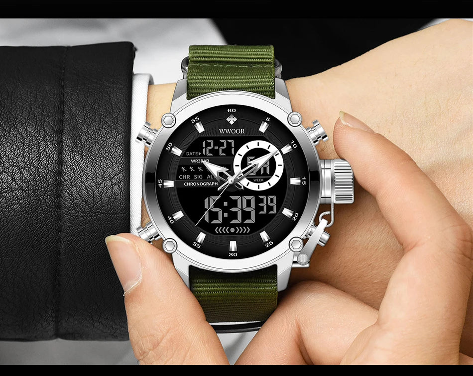 WWOOR New Fashion Military Sports Men's Nylon Watches Digital Quartz Wristwatch Waterproof Dual Display Clock Relogio Masculino
