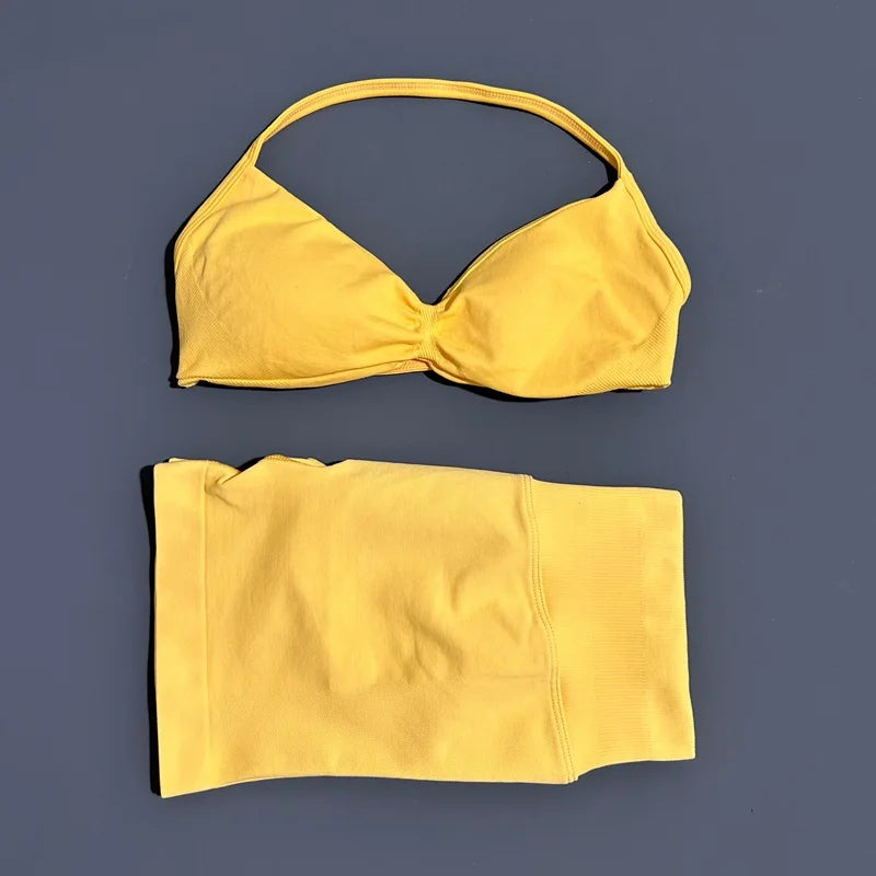 2 Pieces HISTELLO Sports Set Seamless Strappy Yoga Bra High Waist Scrunch Shorts Breathable Elastic Gym Workout Fitness Clothes