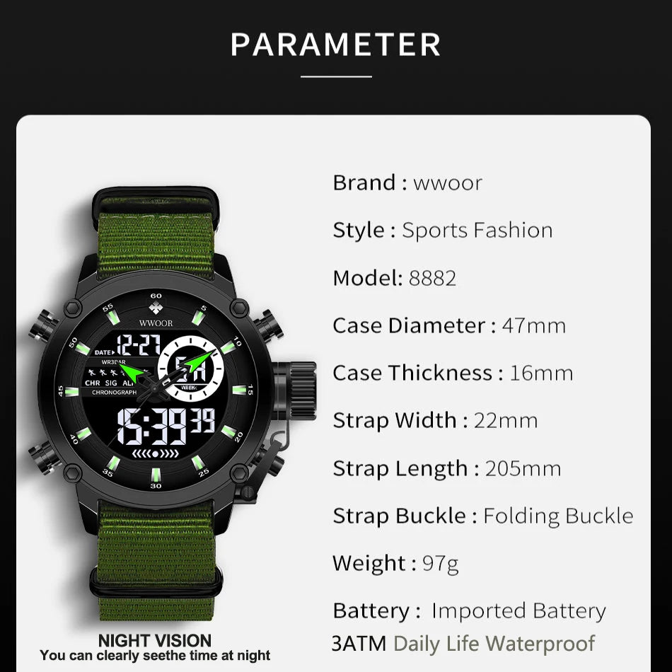 WWOOR New Fashion Military Sports Men's Nylon Watches Digital Quartz Wristwatch Waterproof Dual Display Clock Relogio Masculino