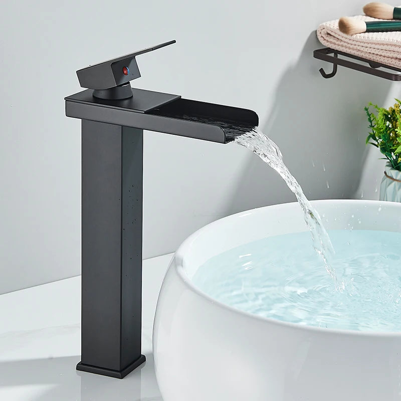 Waterfall Black Higher Basin Wash Basin Bathroom Cabinet Faucet Bathroom Nordic Black Paint Single Hole Faucet