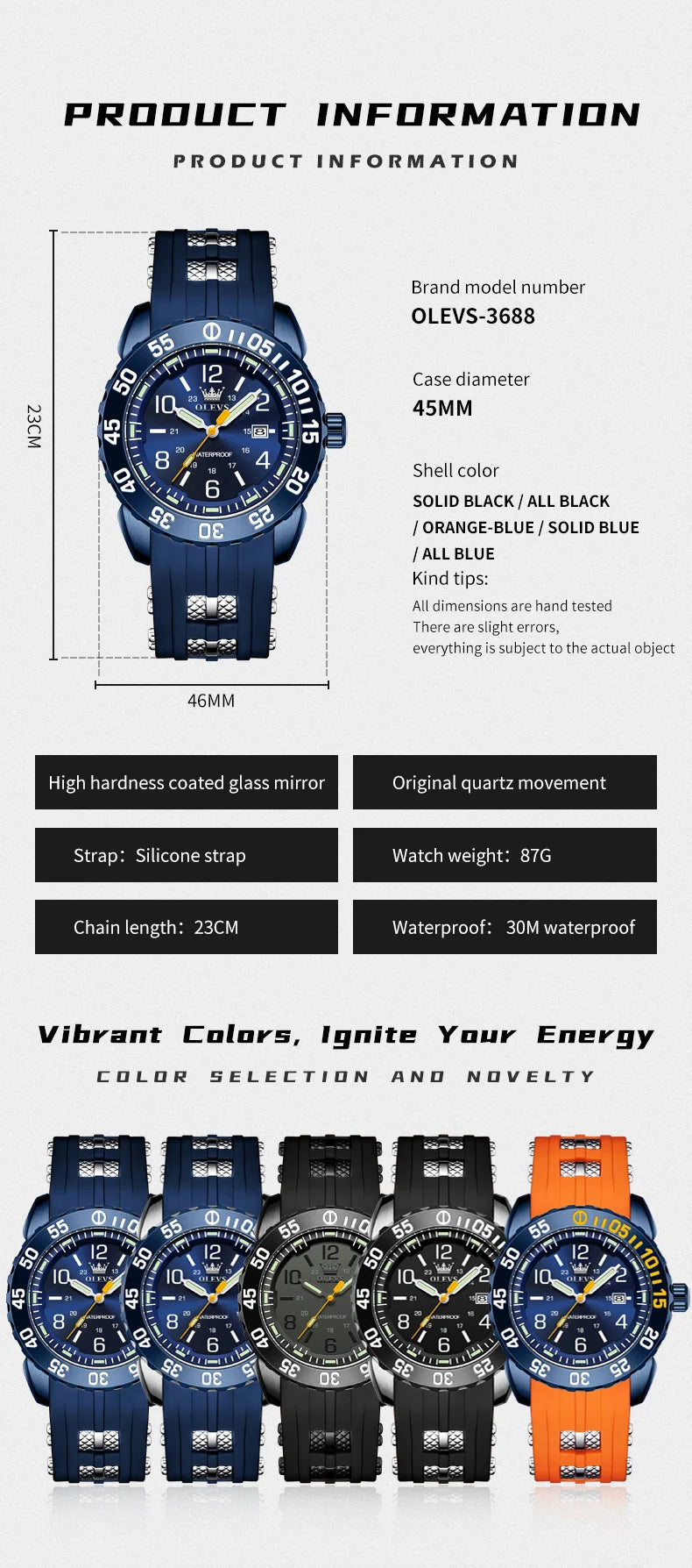 OLEVS 3688 Watches For Man Original Quartz Watch Waterproof Luminous Arabic Date Sports Watches Silicone Strap Box Gifts Reloj