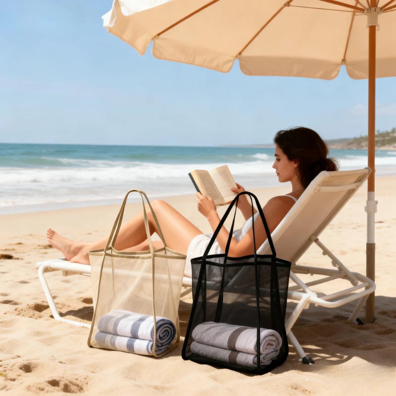 Large Mesh Beach Bag High Capacity Durable Polyester Strong Shoulder Straps Black Khaki Ideal Travel Beach Shopping Vacation