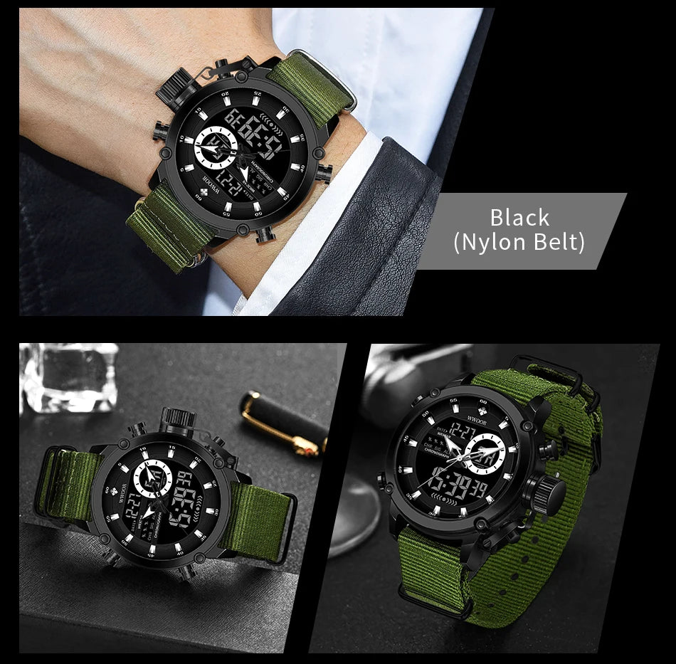 WWOOR New Fashion Military Sports Men's Nylon Watches Digital Quartz Wristwatch Waterproof Dual Display Clock Relogio Masculino