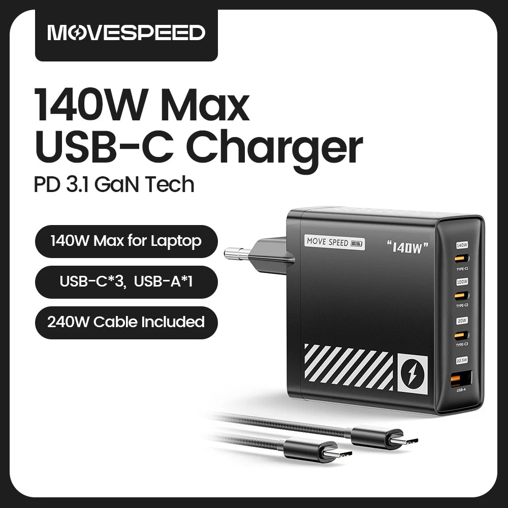 MOVESPEED 140W USB C Charger for MacBook Pro Air PD3.1 100W Type C Charging Station for iPhone 16 Lenovo Dell HP Surface Laptops