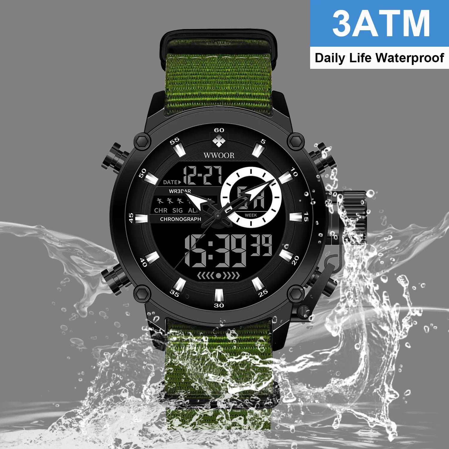 WWOOR New Fashion Military Sports Men's Nylon Watches Digital Quartz Wristwatch Waterproof Dual Display Clock Relogio Masculino