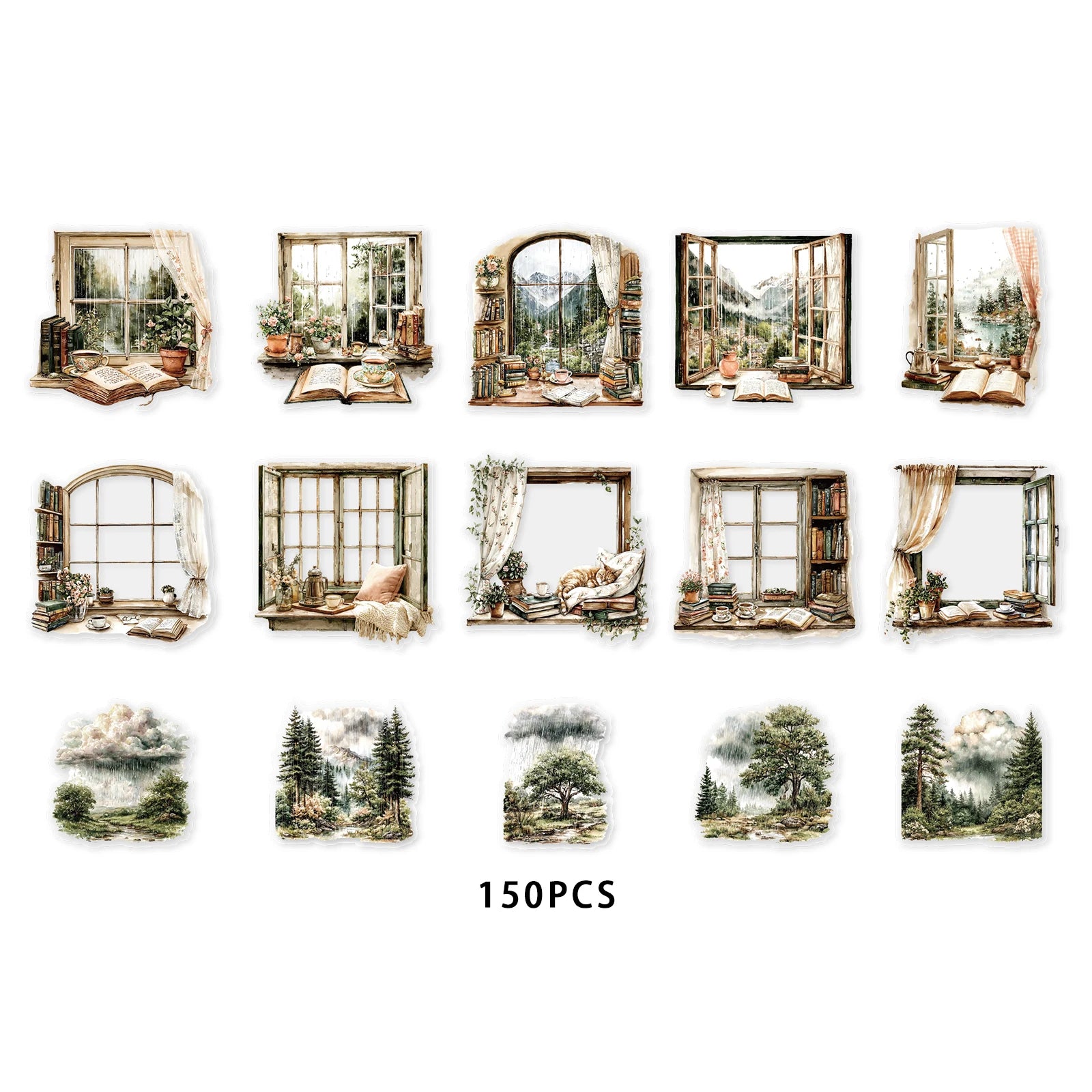 Etori Life Rain Forest Window Scenery Outdoor Mountain Stream Clouds Vintage Pattern Sticker Pack DIY Scrapbook Supplies, Photo Album, Children's Gift Paper Bag, Vintage Party, Student Stationery, Toy Stickers, Die-Cut Craft