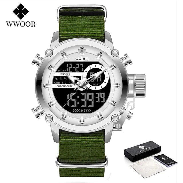 WWOOR New Fashion Military Sports Men's Nylon Watches Digital Quartz Wristwatch Waterproof Dual Display Clock Relogio Masculino