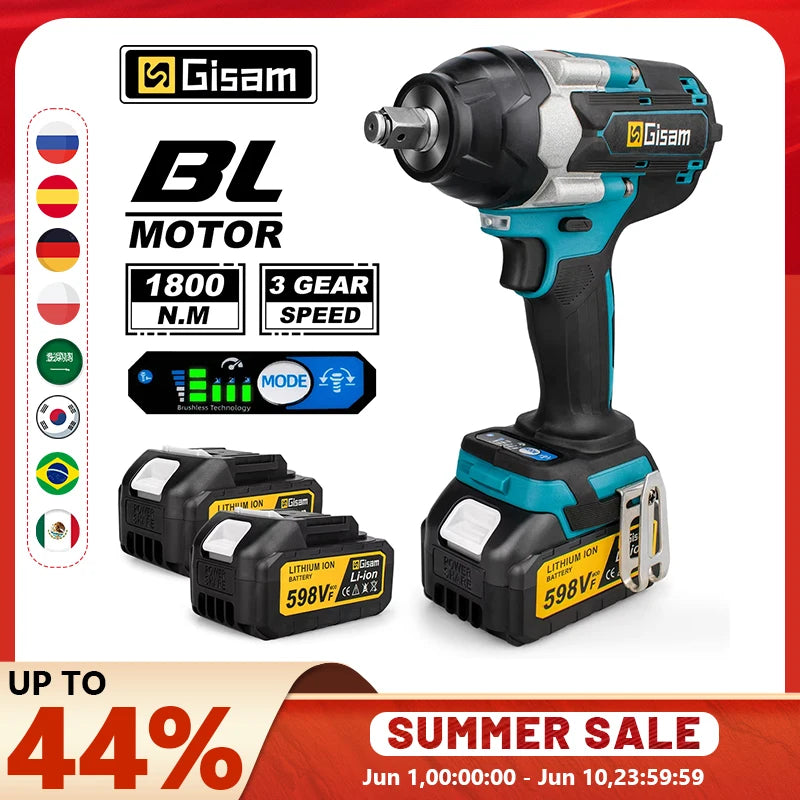 1800N.M Torque Brushless Electric Impact Wrench 1/2 inch Lithium-Ion Battery Cordless Wrench Tools For Makita 18V Battery Pins
