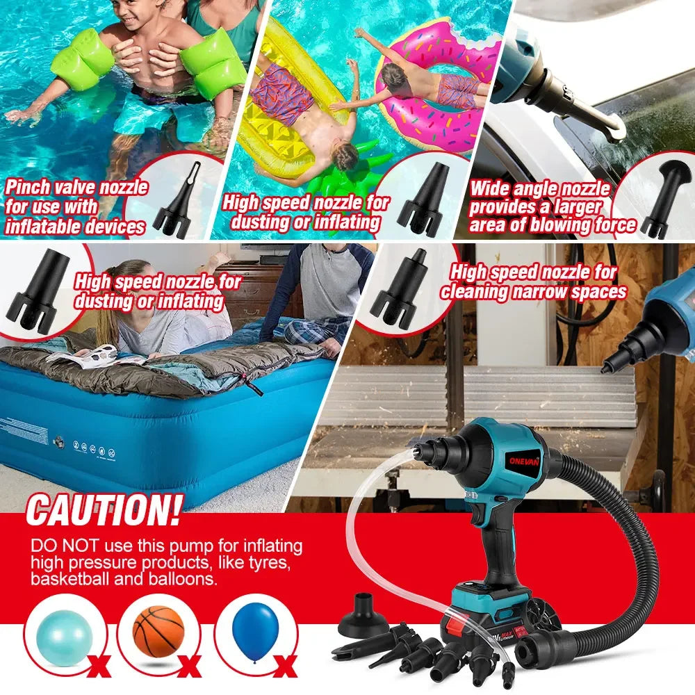 ONEVAN 6IN1 Wireless Air Blower 4000RPM Rechargeable 6Nozzle Mini Blower Dust Blower Inflator Vacuum For Makita 18V Battery Pin