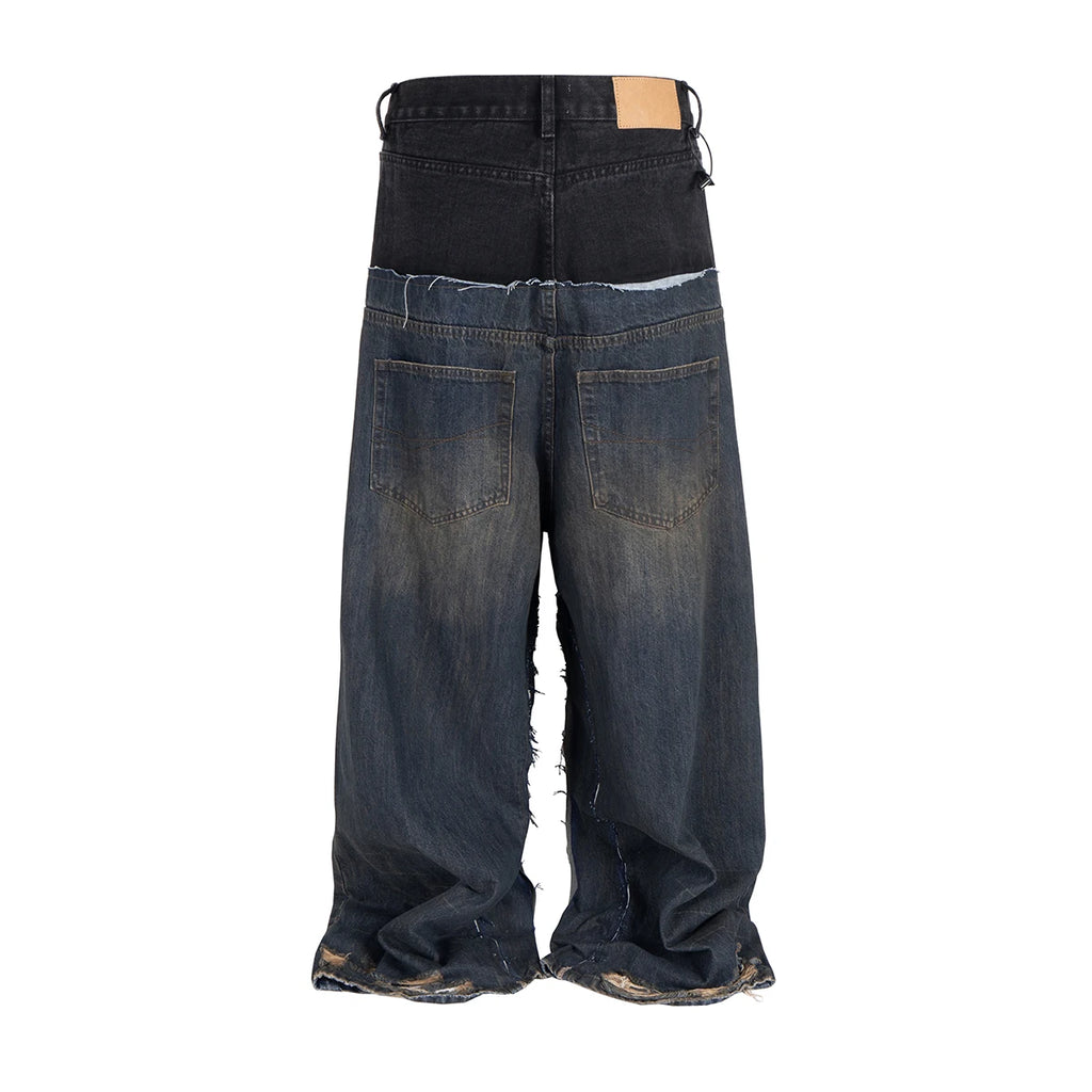 CUT-UP Double-layer Double Waist Patchwork Baggy Jeans for Men and Women Straight Casual Loose Denim Trousers Oversized