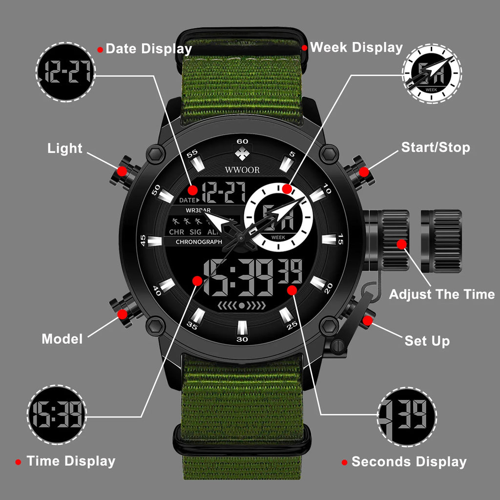 WWOOR New Fashion Military Sports Men's Nylon Watches Digital Quartz Wristwatch Waterproof Dual Display Clock Relogio Masculino
