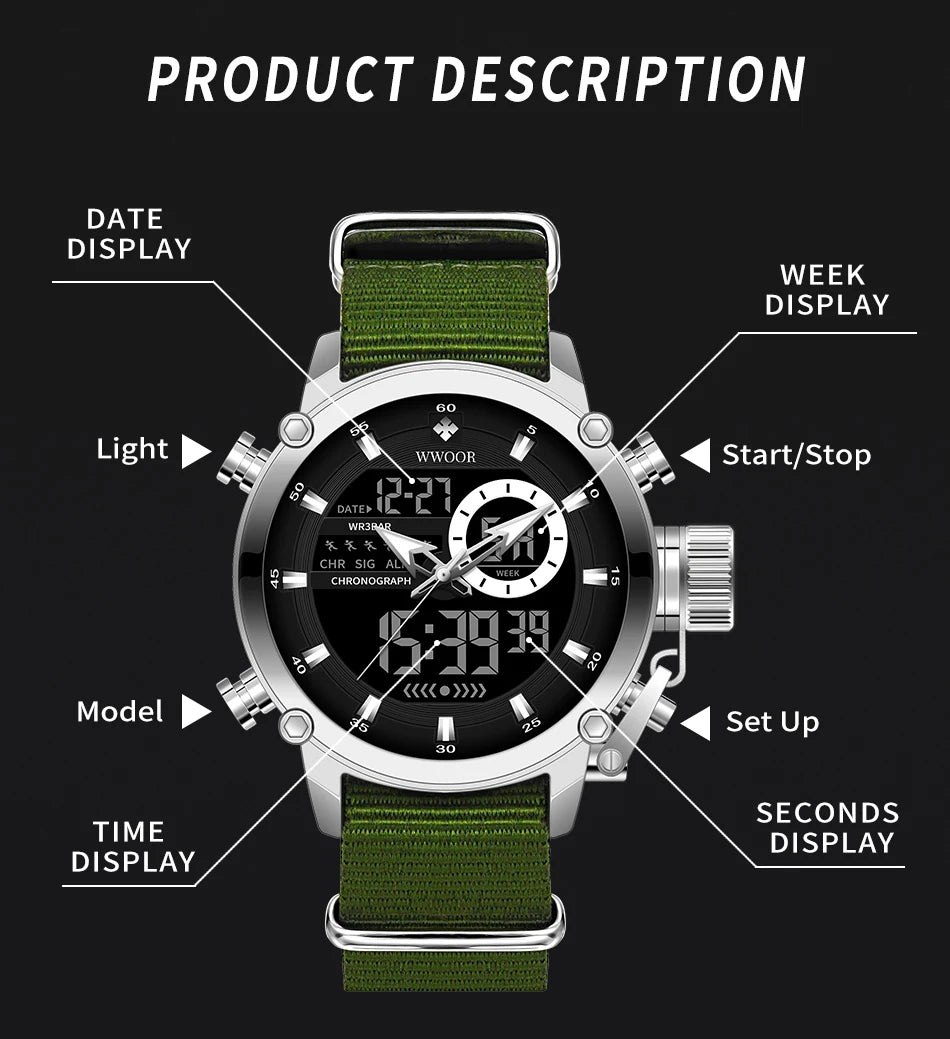 WWOOR New Fashion Military Sports Men's Nylon Watches Digital Quartz Wristwatch Waterproof Dual Display Clock Relogio Masculino