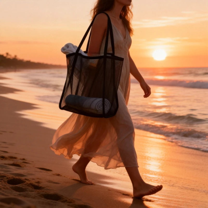 Large Mesh Beach Bag High Capacity Durable Polyester Strong Shoulder Straps Black Khaki Ideal Travel Beach Shopping Vacation