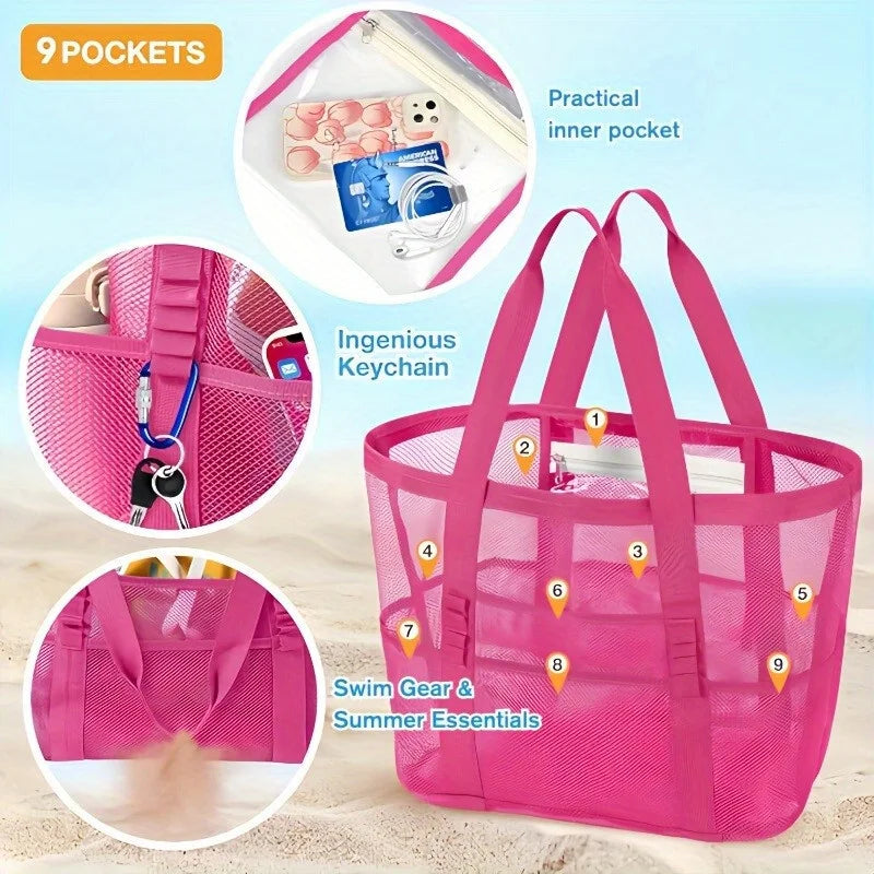 Beach Bags Sandproof Mesh Beach Pool Travel Storage Tote Bag with Multiple Pockets for Family Beach Bag for Vacation Essentials
