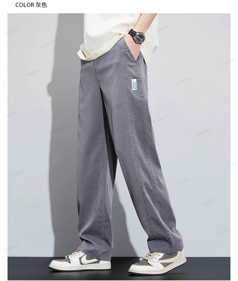 High Quality Summer Ultrathin Soft Lyocell Fabric Men's Casual Pants Elastic Waist Breathe Loose Straight Trousers Plus Size 5XL