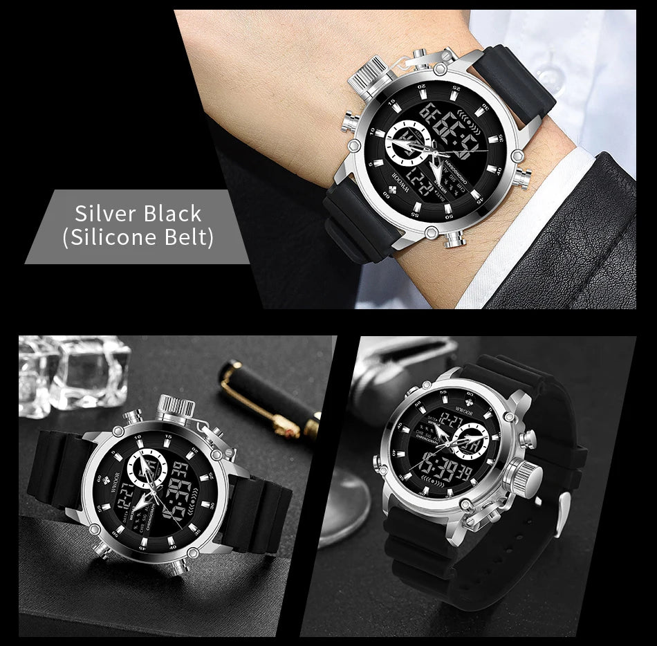 WWOOR New Fashion Military Sports Men's Nylon Watches Digital Quartz Wristwatch Waterproof Dual Display Clock Relogio Masculino