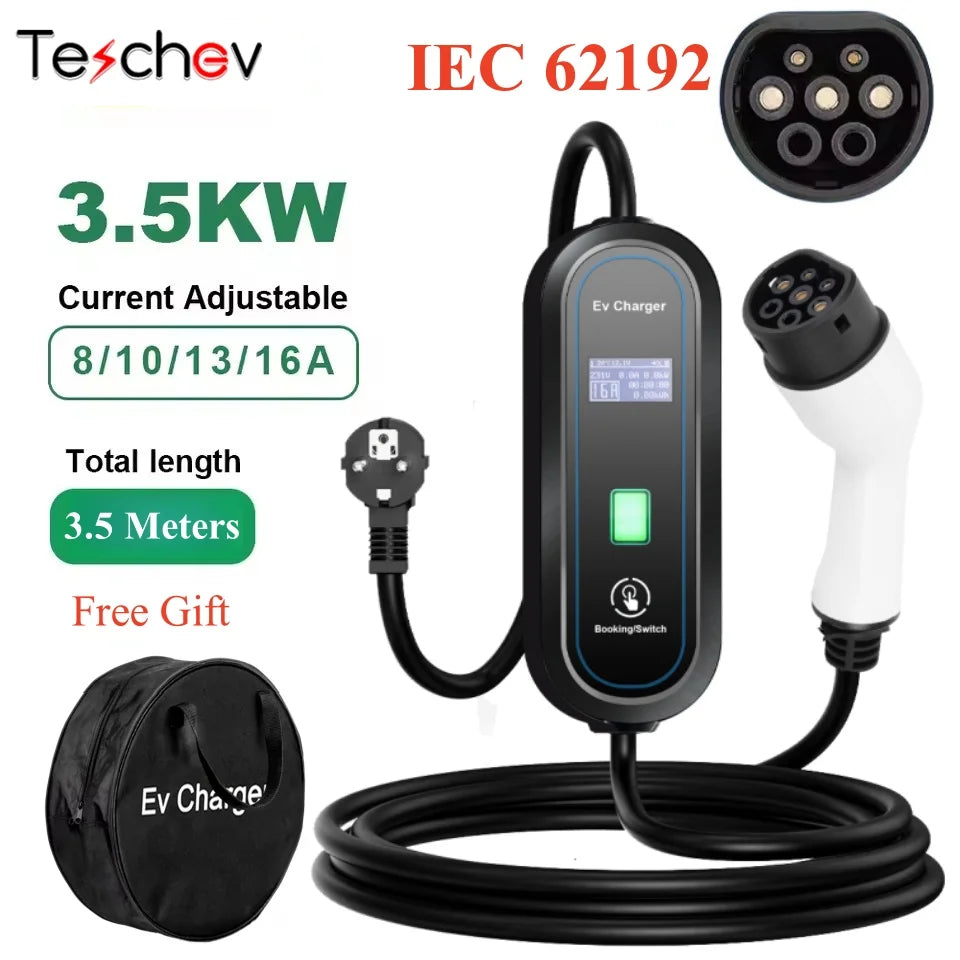 Teschev Portable Electrical Car Charger Type 1 SAE J1772 Type 2 IEC 62196 GBT Charger 16A 1 Phase 3.5kW Wallbox Charging Station
