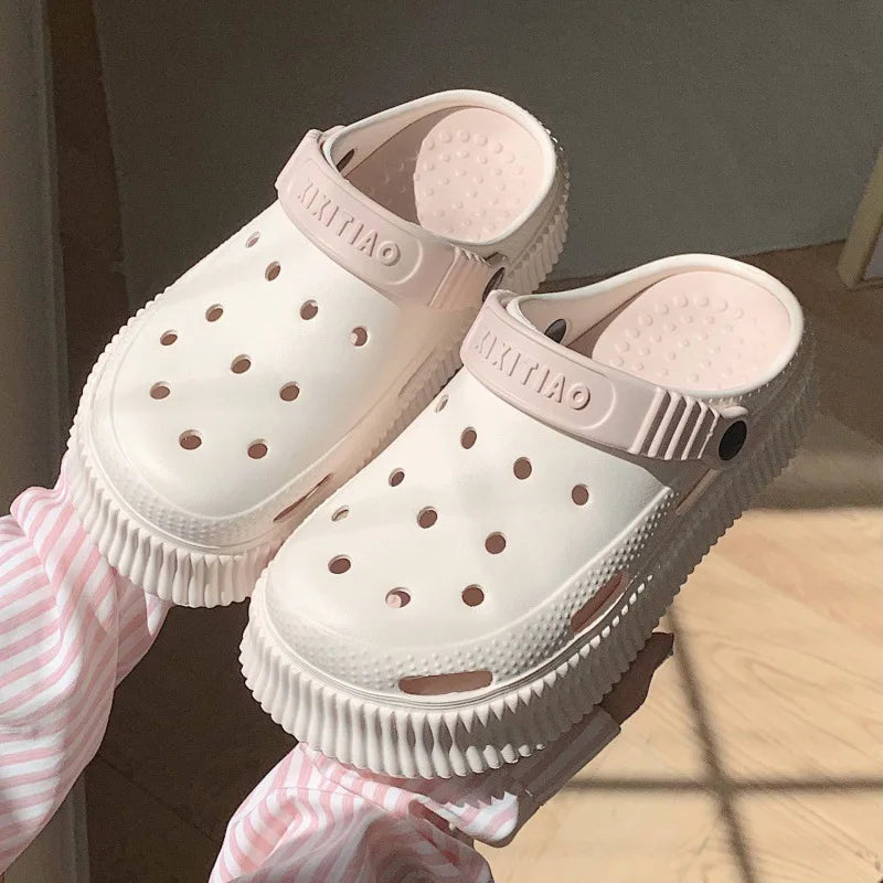 Beach cool slippers women's summer creative DIY muffin thick bottom stepping on shit feeling cute hole shoes
