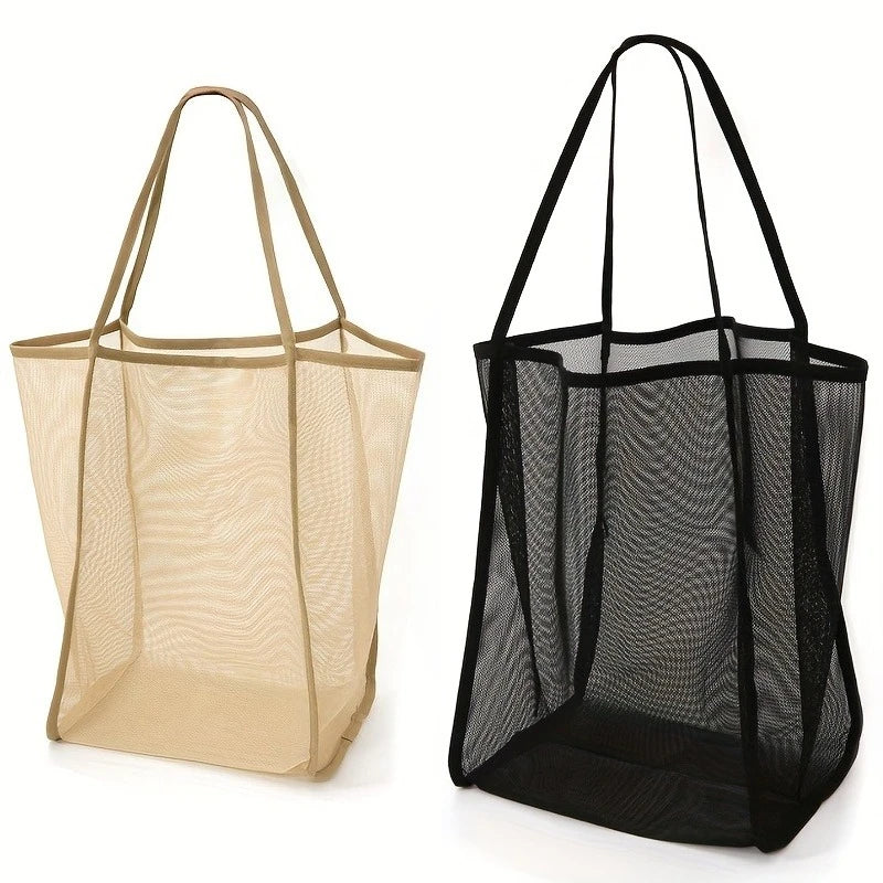 Large Mesh Beach Bag High Capacity Durable Polyester Strong Shoulder Straps Black Khaki Ideal Travel Beach Shopping Vacation