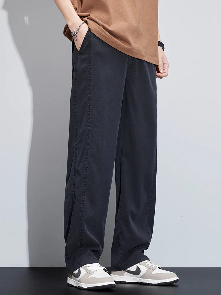 High Quality Summer Ultrathin Soft Lyocell Fabric Men's Casual Pants Elastic Waist Breathe Loose Straight Trousers Plus Size 5XL