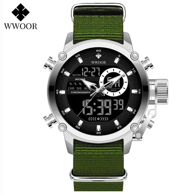 WWOOR New Fashion Military Sports Men's Nylon Watches Digital Quartz Wristwatch Waterproof Dual Display Clock Relogio Masculino