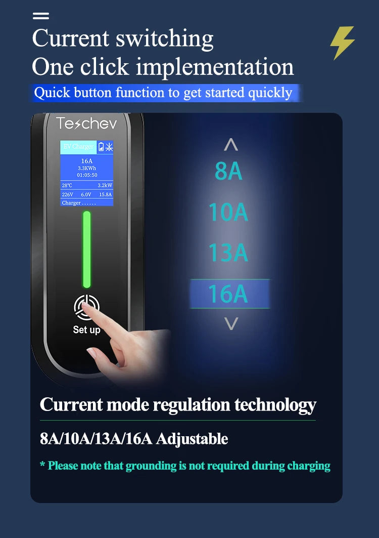Teschev Portable Electrical Car Charger Type 1 SAE J1772 Type 2 IEC 62196 GBT Charger 16A 1 Phase 3.5kW Wallbox Charging Station
