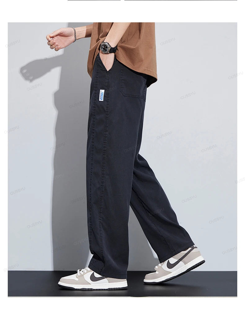 High Quality Summer Ultrathin Soft Lyocell Fabric Men's Casual Pants Elastic Waist Breathe Loose Straight Trousers Plus Size 5XL