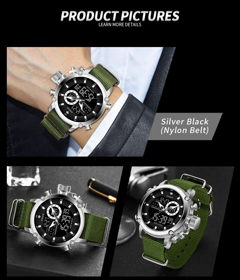 WWOOR New Fashion Military Sports Men's Nylon Watches Digital Quartz Wristwatch Waterproof Dual Display Clock Relogio Masculino