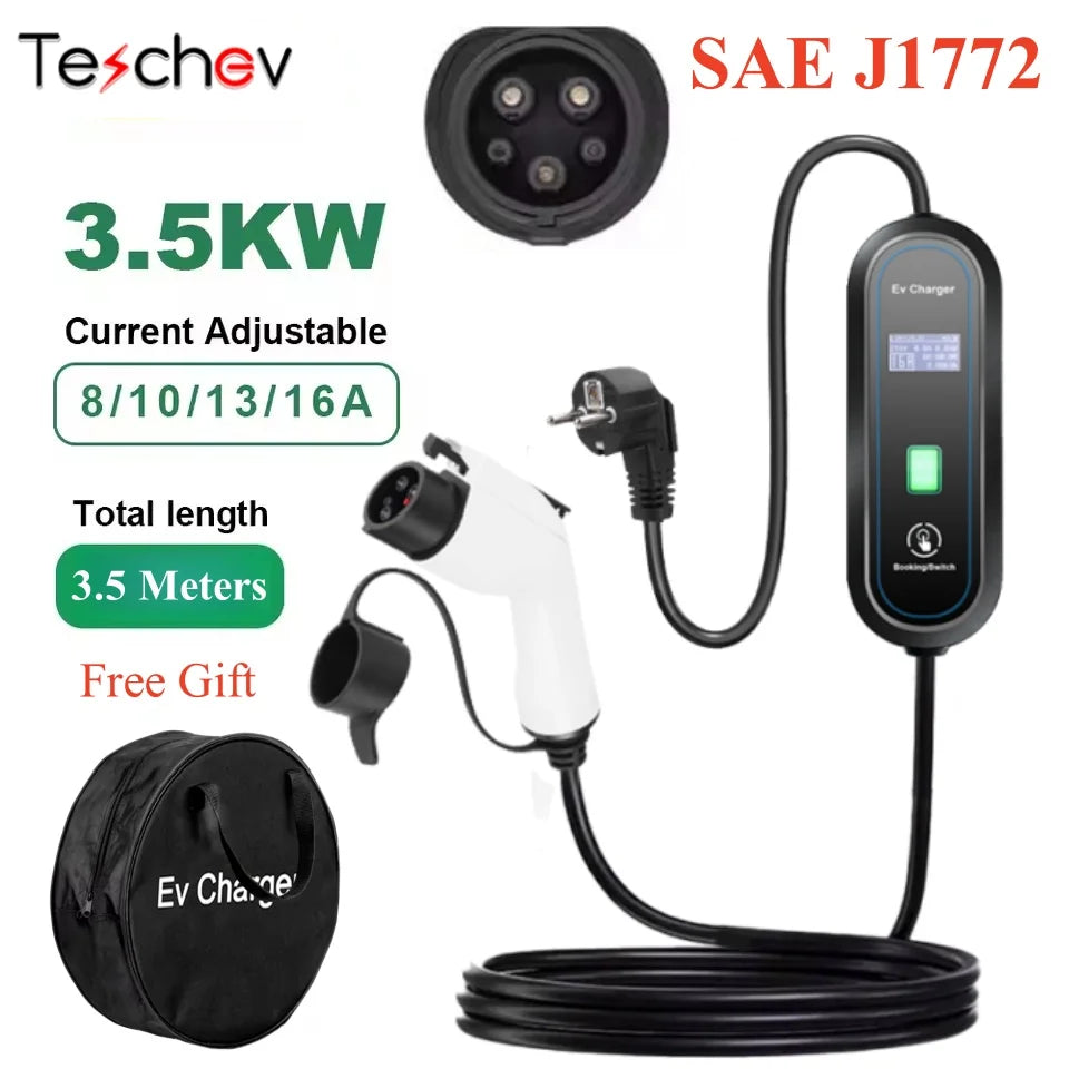 Teschev Portable Electrical Car Charger Type 1 SAE J1772 Type 2 IEC 62196 GBT Charger 16A 1 Phase 3.5kW Wallbox Charging Station