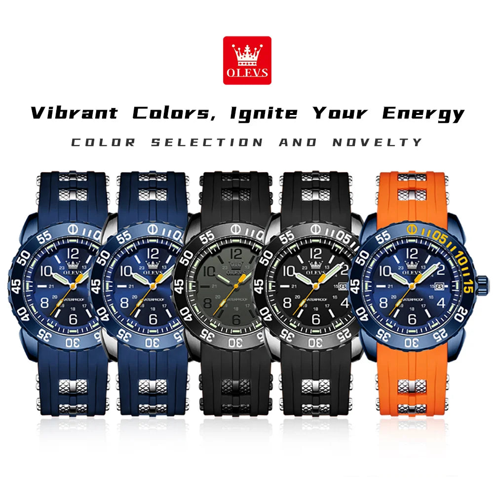 OLEVS 3688 Watches For Man Original Quartz Watch Waterproof Luminous Arabic Date Sports Watches Silicone Strap Box Gifts Reloj