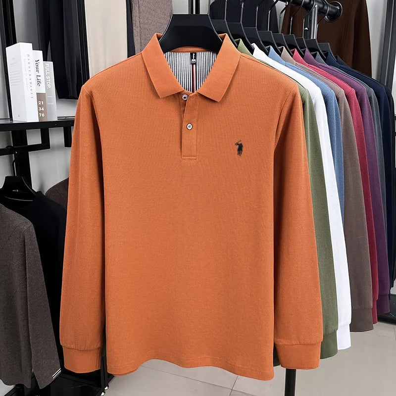 100% pure cotton autumn and winter men's fashion sports brand embroidered pony long sleeved POLO shirt business casual T-shirt