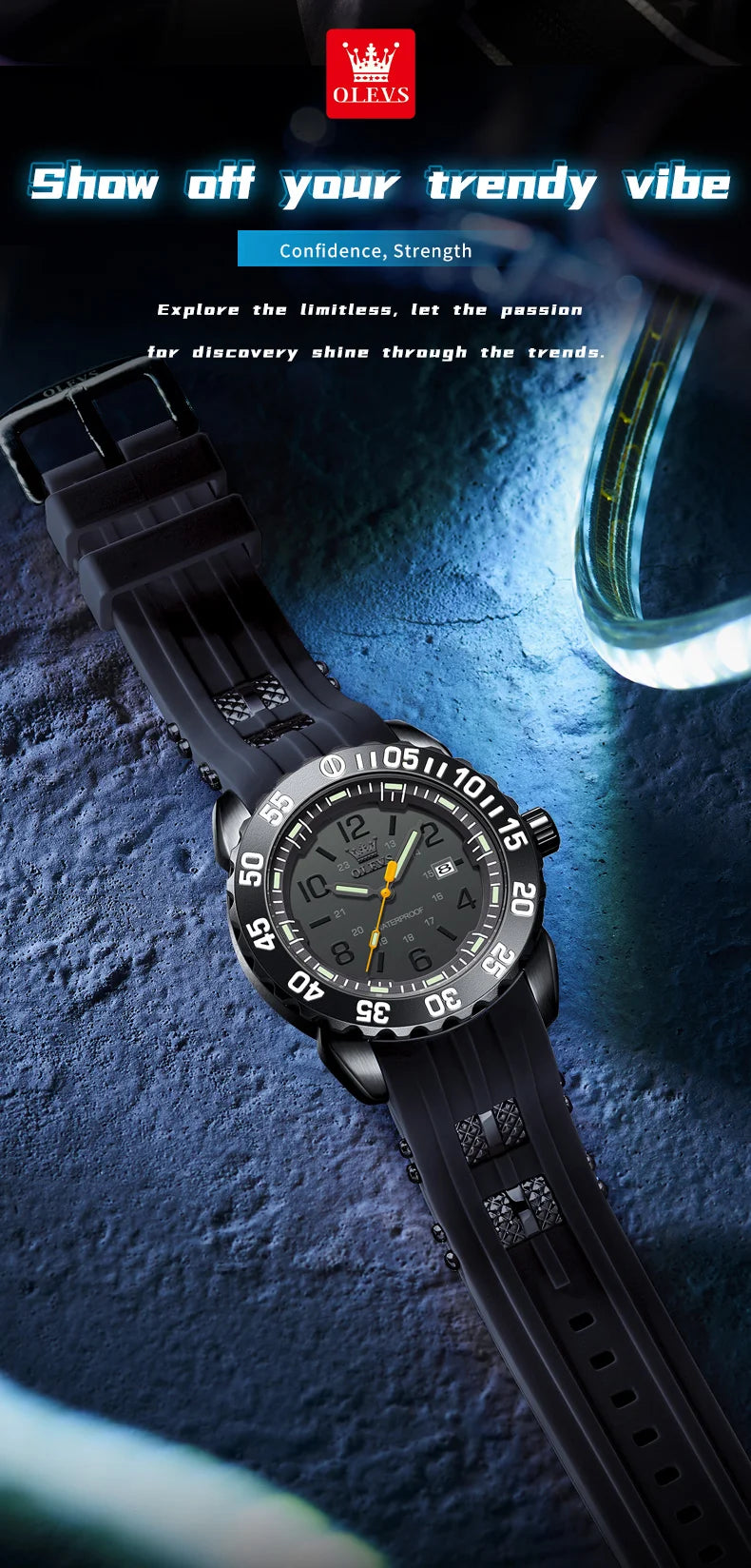 OLEVS 3688 Watches For Man Original Quartz Watch Waterproof Luminous Arabic Date Sports Watches Silicone Strap Box Gifts Reloj